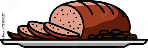 Cartoon illustration of sliced meatloaf served with what appears to be beans