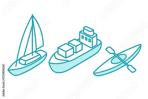 Isometric outline drawings of water transport vessels: sailboat, freighter, and kayak
