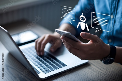 Chatbot, Support person uses a smartphone next to a laptop with chat bubbles, call, and mic icons to contact an AI assistant, highlighting customer service automation and omnichannel concept.