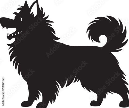 A striking black silhouette of a fluffy long haired dog standing