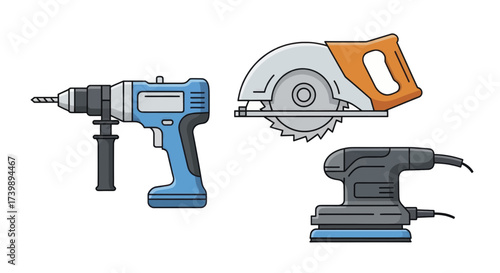 Set of electric power tools for woodworking and construction.