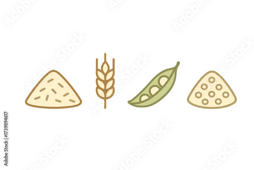Stylized food icons featuring wheat ear, fresh pea pod, and triangular chips or crackers