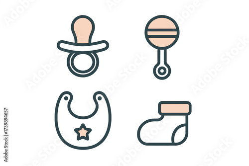 Set of newborn essentials icons including pacifier rattle bib and baby bootie