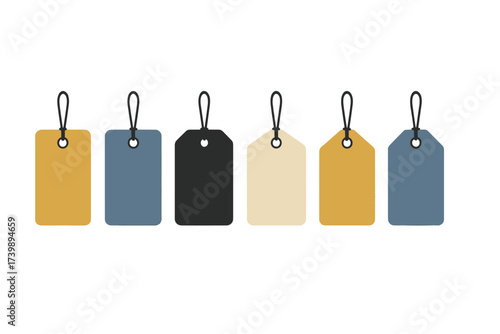 Row of six blank hanging retail tags with muted colors on white background