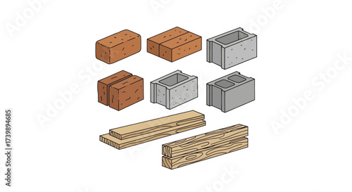 Isometric set of construction materials including bricks concrete blocks and lumber.