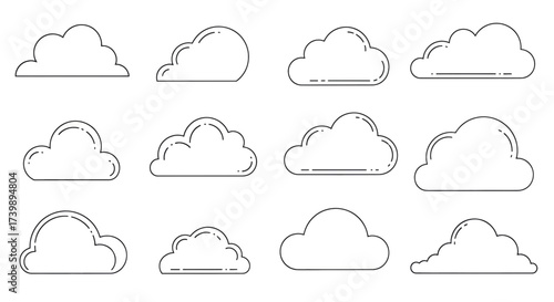 Set of simple linear cloud icons isolated on white background.