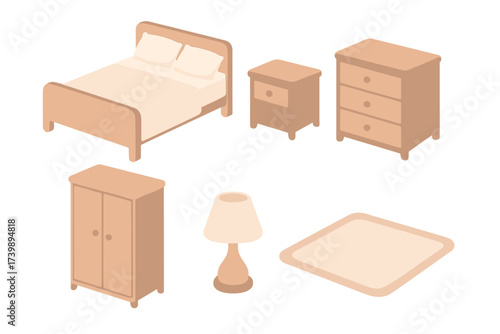 Isometric bedroom furniture set including double bed, closet, chest of drawers, and nightstand