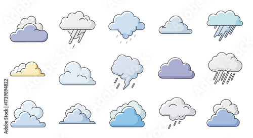 Set of colorful cartoon cloud weather icons isolated on white background.