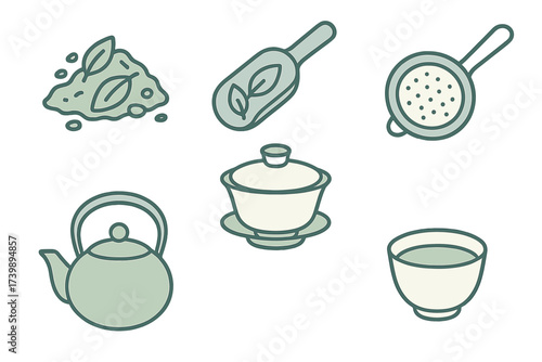 Minimalist icons of tea brewing equipment: leaves, teapot, cup, and strainer