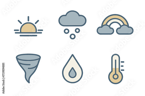 Collection of weather and climate symbols including sun, rain, rainbow, tornado, and thermometer