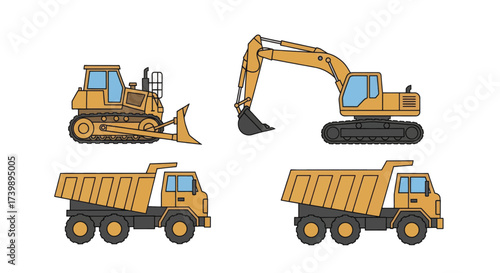 Set of heavy construction machinery vector illustrations 1.