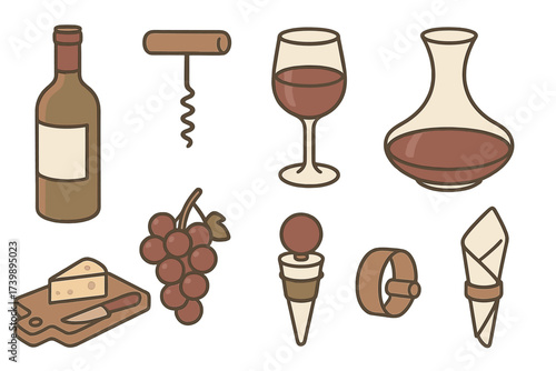 Collection of essential wine accessories, bottle, glass, decanter, grapes, and cheese items
