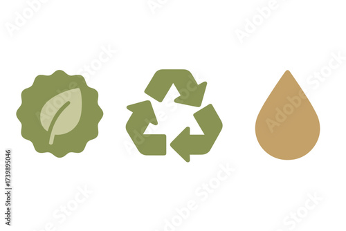 Essential symbols for ecology and sustainability including leaf badge recycling arrows and liquid drop
