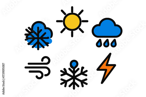 Colorful collection of weather forecast symbols showing sun, rain, snow, and lightning