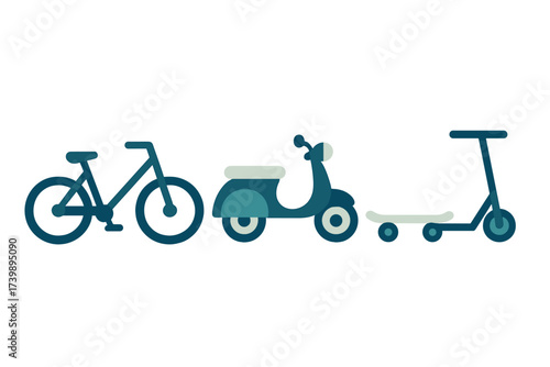 Modern personal urban transportation vehicles collection featuring bicycle, motor scooter, and kick scooter
