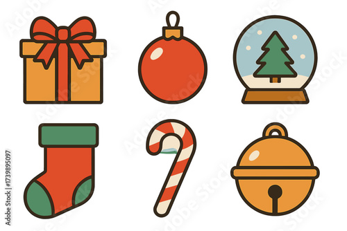 Set of retro Christmas holiday icons featuring gift box ornament snow globe and candy cane
