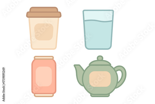 Set of beverage containers icons: disposable coffee cup, water glass, soda can, and teapot