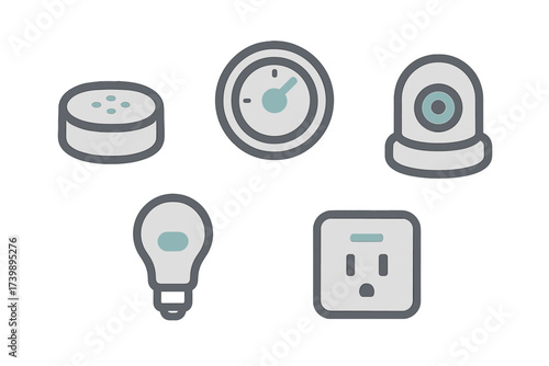 Smart home technology devices set including speaker thermostat security camera and light bulb