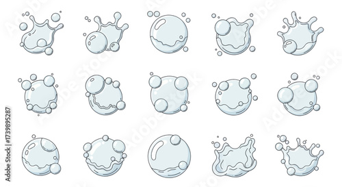 Set of cartoon water splashes and bubbles illustrations.