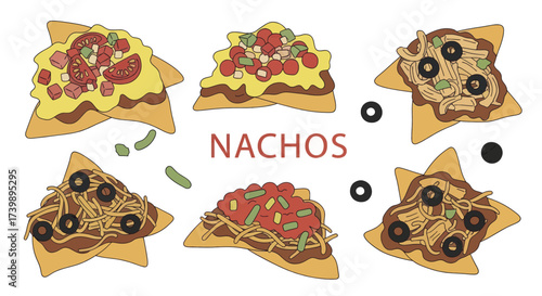 Collection of delicious nachos with assorted toppings illustration.
