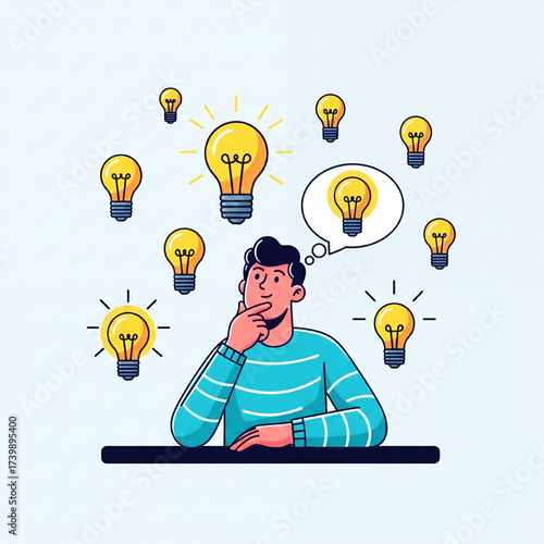 Creative Thinking and Brainstorming Concept with a Man Surrounded by Light Bulbs Representing Ideas and Innovation