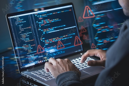 Programmer fixing bugs in code while dealing with error alerts, showing the process of debugging and troubleshooting in software development.