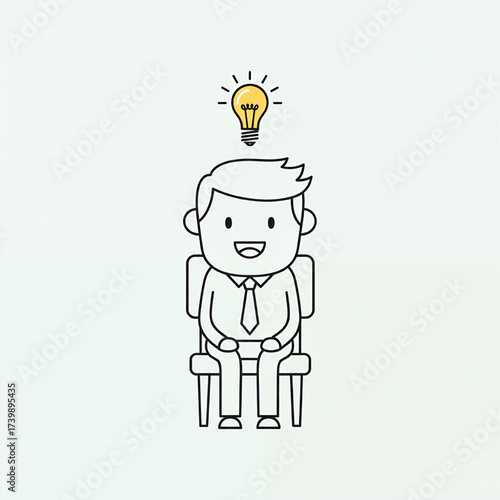 Minimalist illustration of a smiling businessman experiencing a brilliant 'light bulb moment,' symbolizing sudden inspiration, creative problem-solving, and innovative thinking