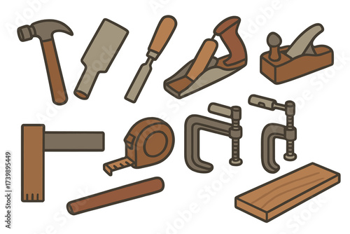 Classic carpentry and construction instruments including hand planes, chisels, and measuring tape