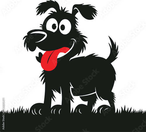 Playful black cartoon dog with a red tongue standing in green grass