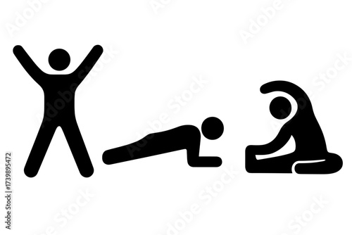 Black silhouette figures demonstrating physical training and stretching movements