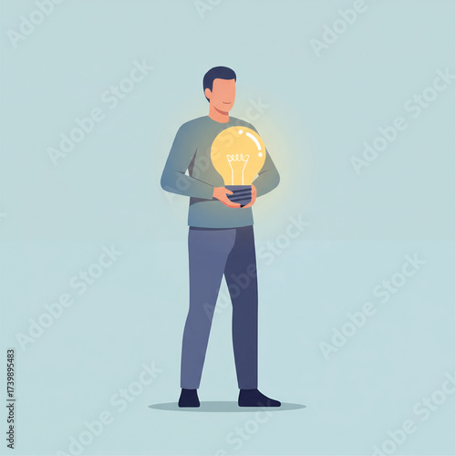 A young man embraces a big, bright idea, symbolizing innovation, solution, and inspiration