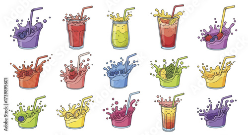 Set of colorful fruit juices and smoothies splashing in glasses.