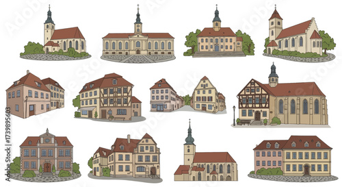 Handdrawn collection of historic European buildings and churches.