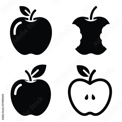 Crisp apple icons featuring whole fruit bite and halved apple for food nutrition and healthy eating graphics silhouette