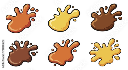 Collection of colorful liquid splashes chocolate caramel and honey.