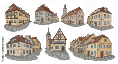 Set of handdrawn old town street scenes with historic European buildings and cobblestone roads.