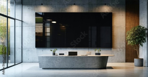 Wallpaper Mural Modern reception area. Concrete walls, large screen, minimalist design. Plants add subtle life to space. Clean, bright interior. Torontodigital.ca