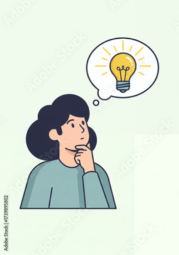 A woman deep in thought, with a bright idea illuminating her mind in a thought bubble