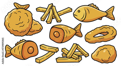 Set of cartoon fried food illustrations including fish chips onion rings and nuggets isolated on a white background.