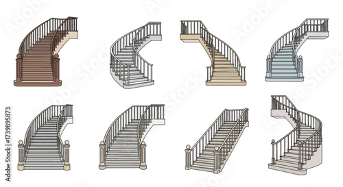 Collection of classic staircase designs illustration set.