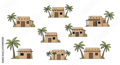 Set of traditional Arabic mud houses with palm trees.