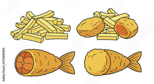 Cartoon illustration set of fried food including fish and chips.