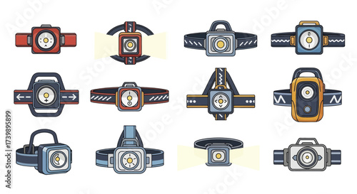 Set of colorful headlamp illustrations for camping and hiking.