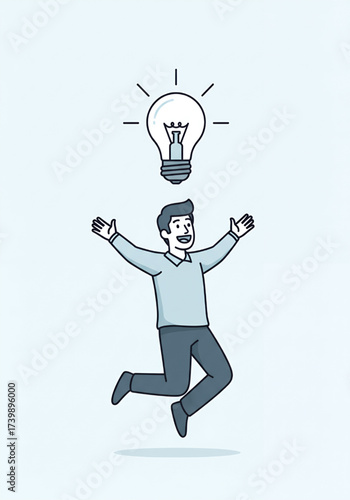 Happy man celebrates an innovative solution with a glowing lightbulb illuminating his mind, representing creativity, problem-solving, and a successful eureka moment