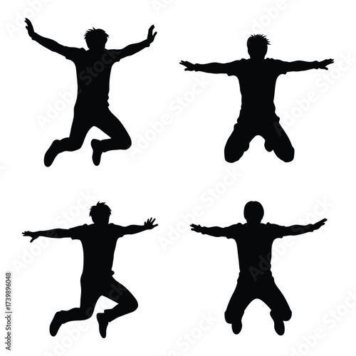 Dynamic silhouette poses of four people leaping joyfully capturing movement and energy in action shots silhouette