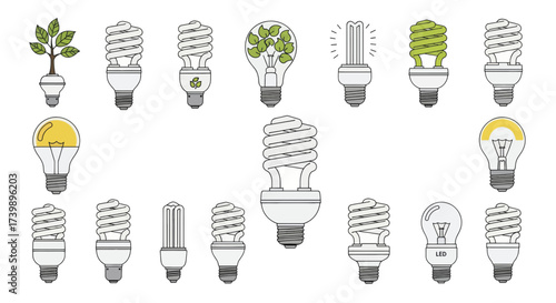 Energy saving light bulbs and green energy concept icons set.