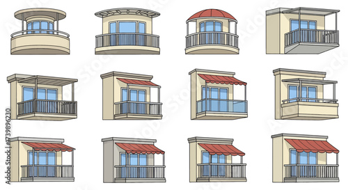 Set of Various Architectural Balcony Designs Isolated on White.