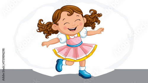Joyful cartoon girl with pigtails skipping happily, cute child character full of energy and happiness, playful illustration for kids.