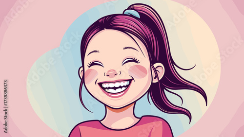 Joyful young girl with purple ponytail laughing brightly. Happy child's face with a wide smile, cheerful vector illustration on pink background.