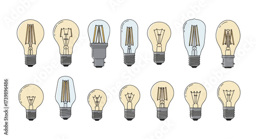 Illustrated collection of various types of electric light bulbs.